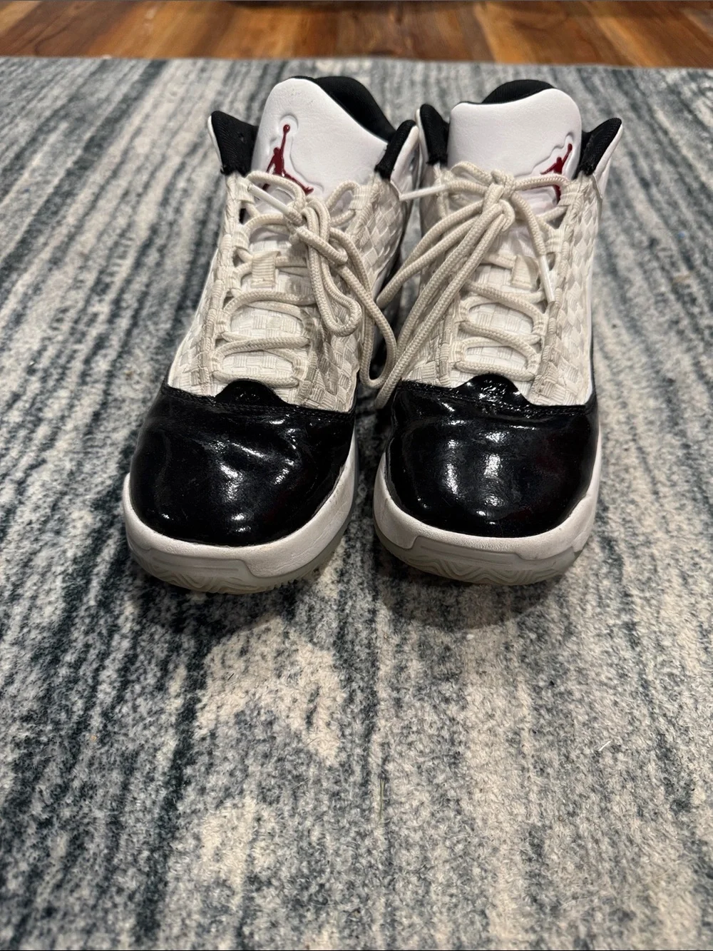 Jordan Kids White and Black Basketball Shoes with Red Jumpman Accent - Picture 2 of 6